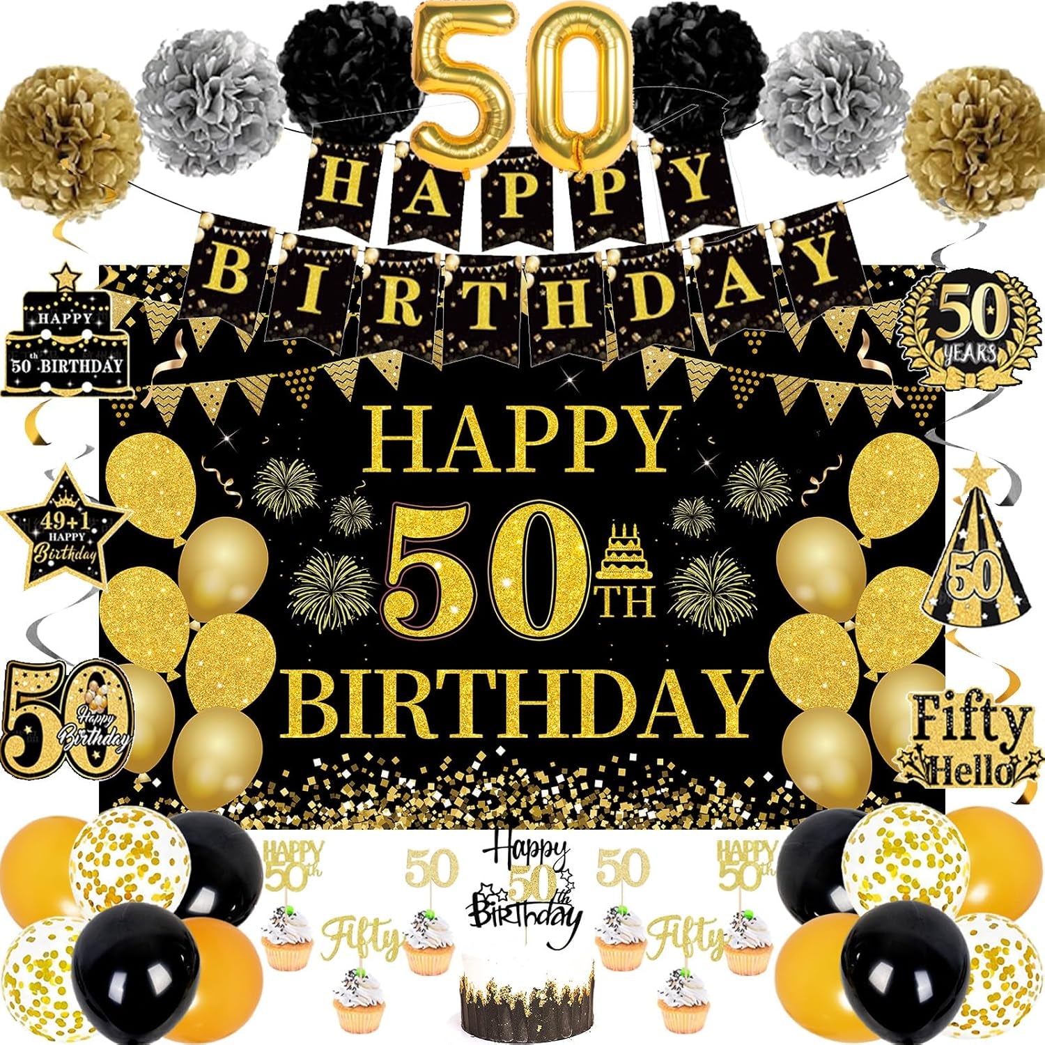 50Th Birthday Decorations for Men Women, 46 Pcs Black Gold Happy 50 Year Old Party Supplies 1975 Birthday Gifts Banner Backdrop Balloon Cake Topper Honeycomb Centerpiece Hanging Swirls Set