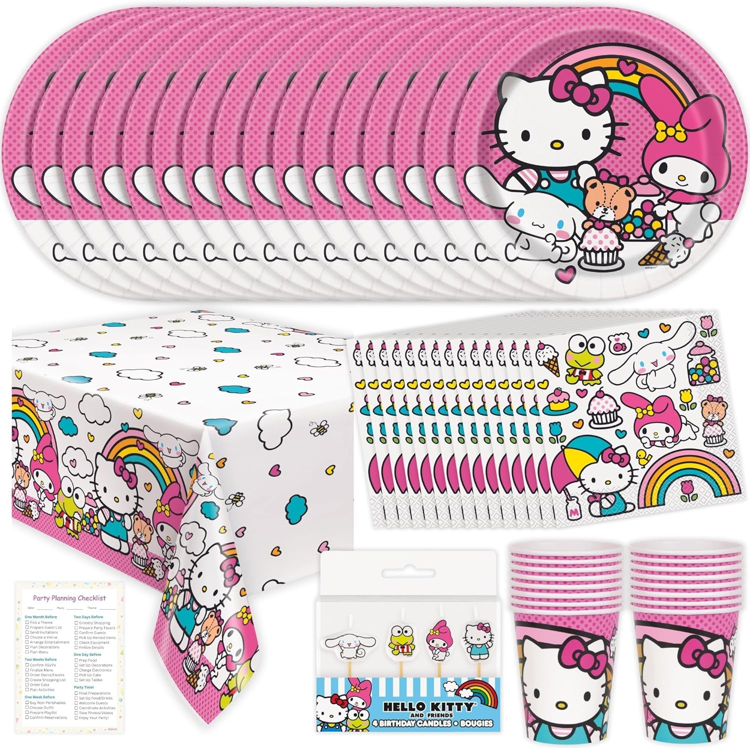 Hello Kitty Birthday Decorations - Hello Kitty Party Decorations - Plates, Napkins, Tablecloth, Cups, Candles, Checklist - 16 Guests