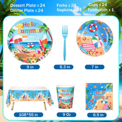 Beach Paper Plates, Beach Plates and Napkins Party Supplies, Disposable Plates, Cups, Napkins, Cutlery and Tablecloth for Hawaiian, Summer Party, Beach Birthday Party Decorations Serves 24