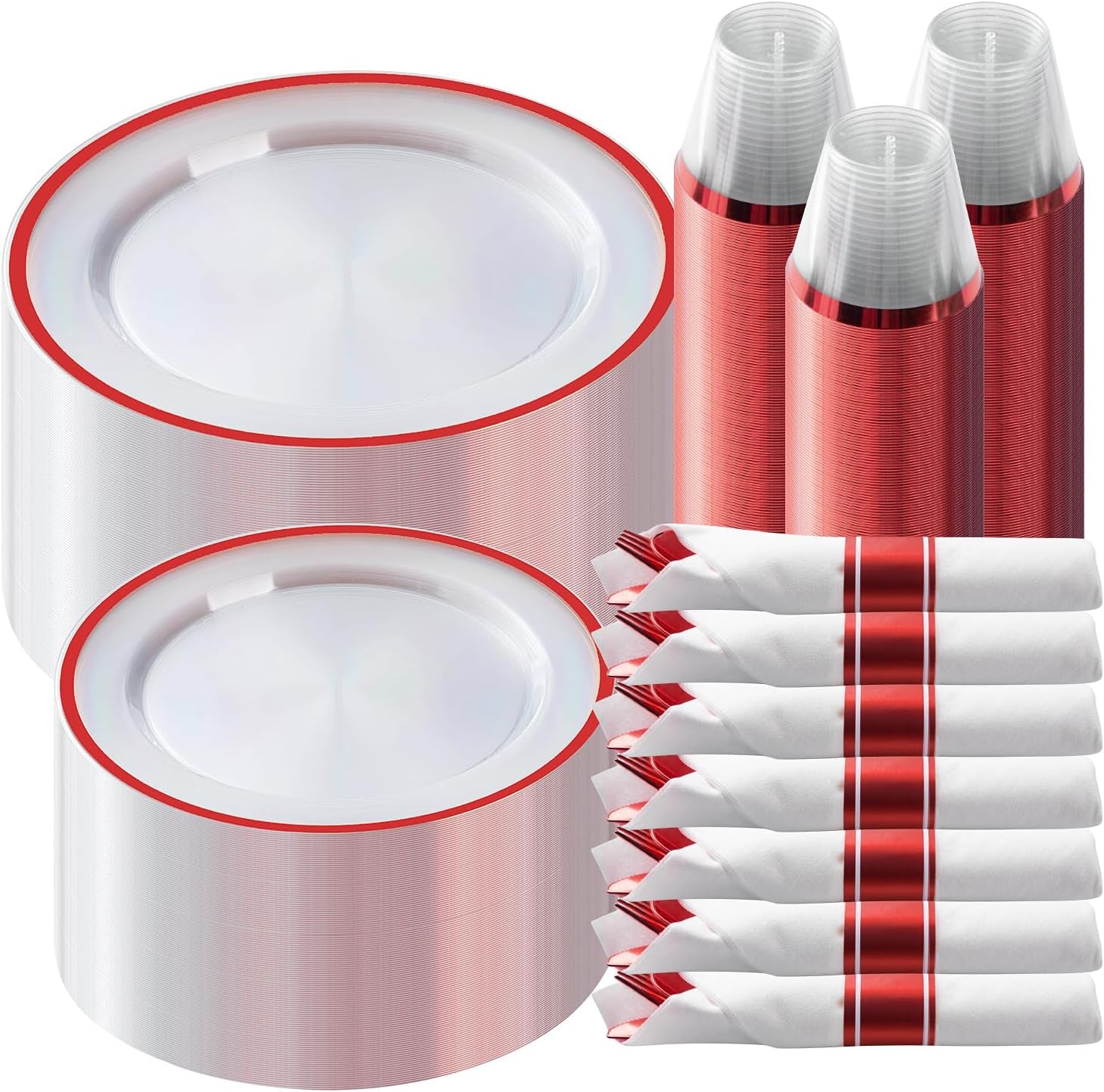350 Piece Red Plastic Dinnerware Set for Party, Clear Disposable Plates for 50 Guests, Include: 50 Dinner Plastic Plates, 50 Dessert Plates, 50 Pre Rolled Napkins with Cutlery Set, 50 Cups