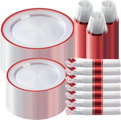 350 Piece Red Plastic Dinnerware Set for Party, Clear Disposable Plates for 50 Guests, Include: 50 Dinner Plastic Plates, 50 Dessert Plates, 50 Pre Rolled Napkins with Cutlery Set, 50 Cups