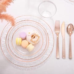 150PCS Rose Gold Plastic Plates – Disposable Plates with Rose Gold Plastic Silverware Include 50Plates, 25Forks, 25Knives, 25Spoons, 25Cups for Wedding & Party