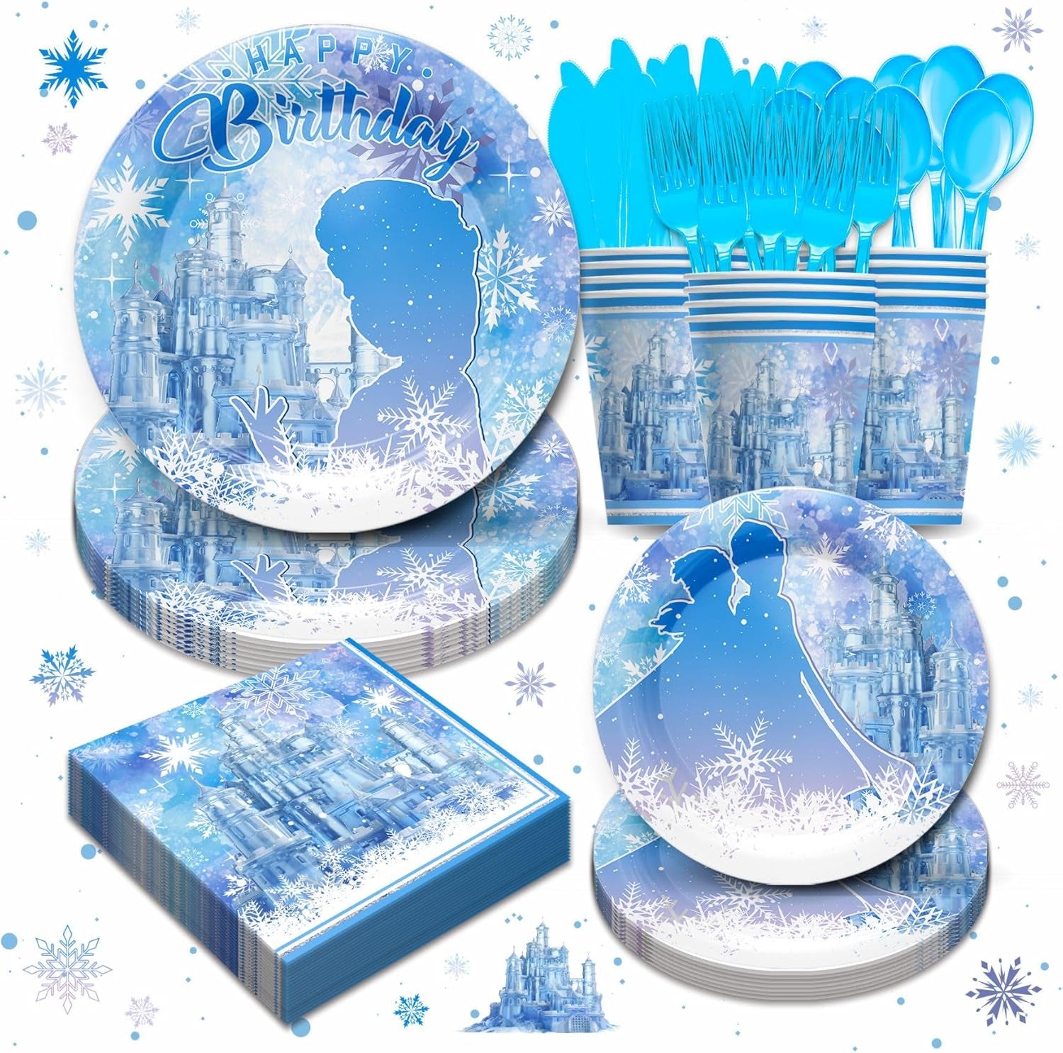 Frozen Birthday Party Supplies - Frozen Themed Tableware Decorations Include Dinner Plates, Cups, Napkins, Cutlery | 24 Guests