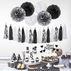 Birthday Decorations for Men, Black and Silver Happy Birthday Party Decorations, Black and White Party Supplies - Banner, Balloons, Tissue Pompoms, Swirls, Tassels Garland