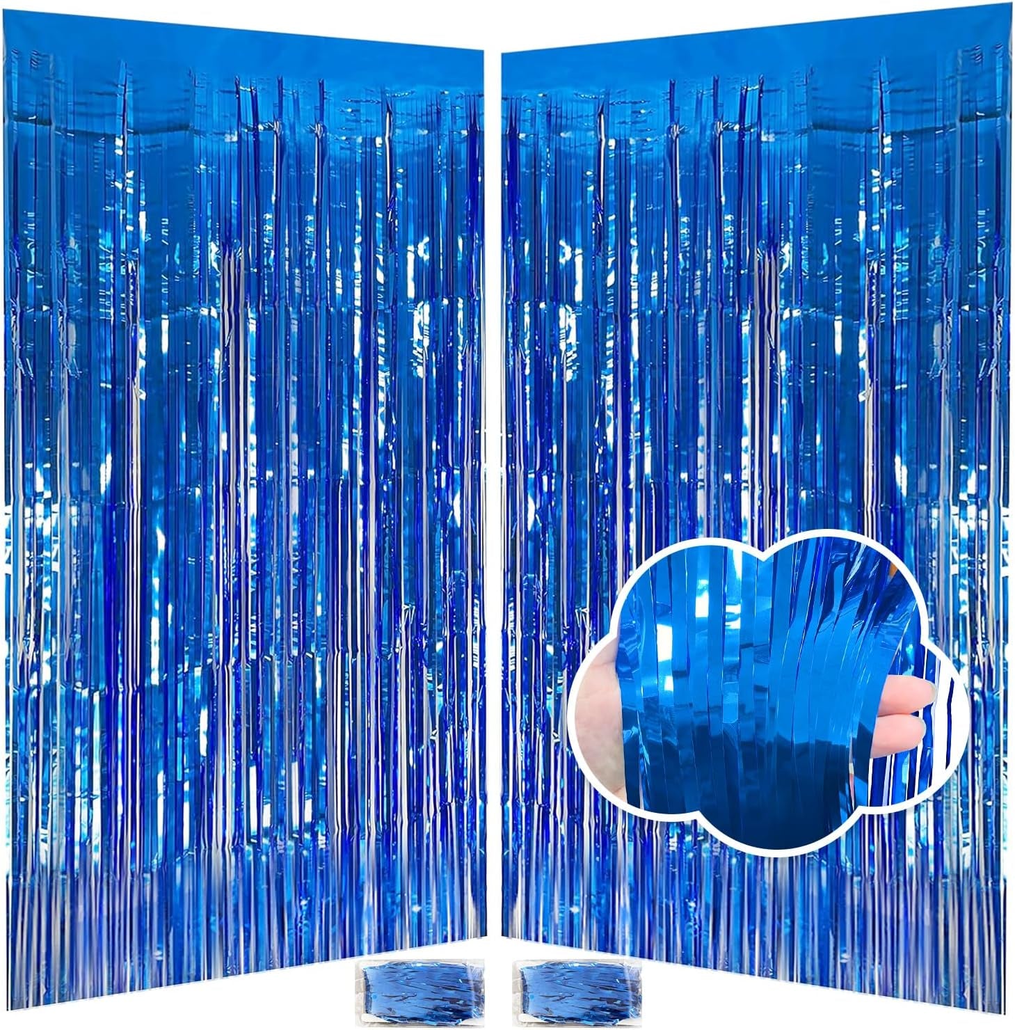 Blue Streamers Party Decorations 3.3X8.2Ft, 2 Pack Dark Blue Tinsel Backdrop for Ocean Themed Party Decor, Glitter Blue Foil Fringe Curtains for Door Decorations Hanging Birthday Baby Shower Halloween