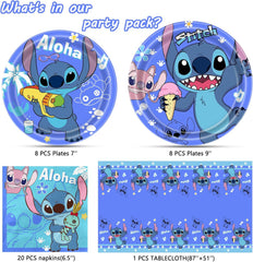 Stitch Party Supplies, 16 Plates, 20 Napkins and 1 Tablecover for Stitch Birthday Party Decorations