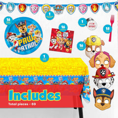 Paw Patrol Birthday Decorations | Paw Patrol Party Supplies | with Paw Patrol Tablecloth, Paw Patrol Plates, Napkins, Character Masks, Forks, Button | Serves 16 Guests