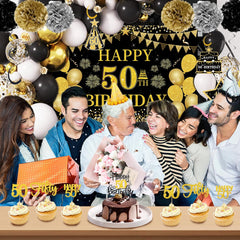 50Th Birthday Decorations for Men Women, 46 Pcs Black Gold Happy 50 Year Old Party Supplies 1975 Birthday Gifts Banner Backdrop Balloon Cake Topper Honeycomb Centerpiece Hanging Swirls Set