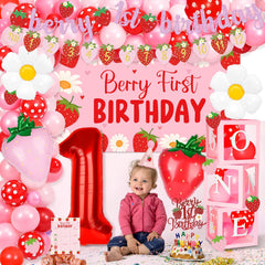 Berry First Birthday Decor Strawberry 1St Birthday Decorations for Girls with Balloon Arch, Highchair Banner Strawberry Theme Backdrop, Photo Banner, Cake Topper