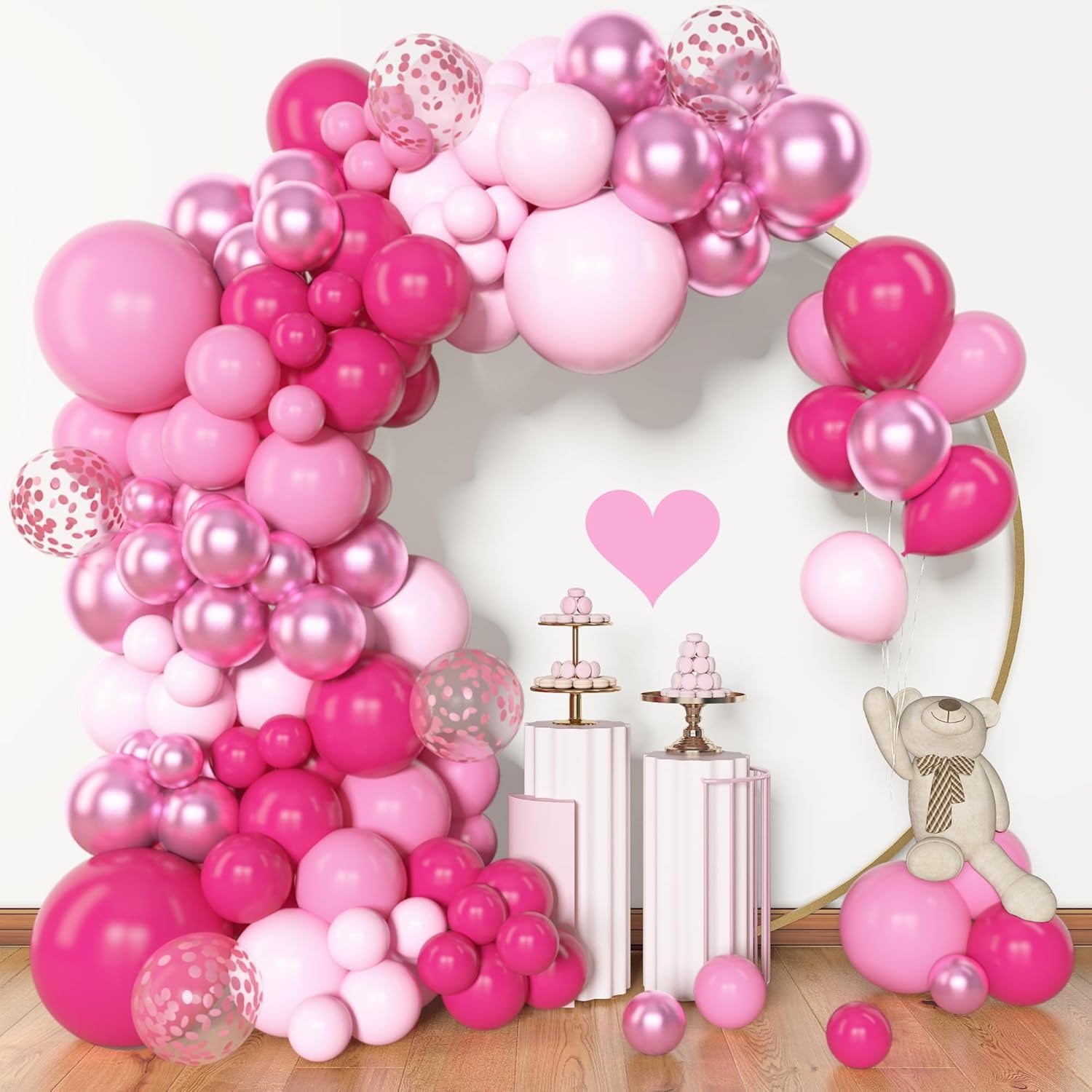 153Pcs Pink Balloon Garland Arch Kit, Different Sizes 18 12 10 5 Inch Hot Pink Latex Metallic Confetti Pink Balloons for Birthday Princess Wedding Baby Shower Party Decorations