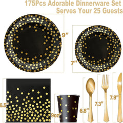 175PCS Black and Gold Party Supplies, Severs 25 Disposable Party Dinnerware Gold Plastic Forks Knives Spoons and Golden Dot Black Paper Plates Black Napkins Cups for New Years Graduation Birthday