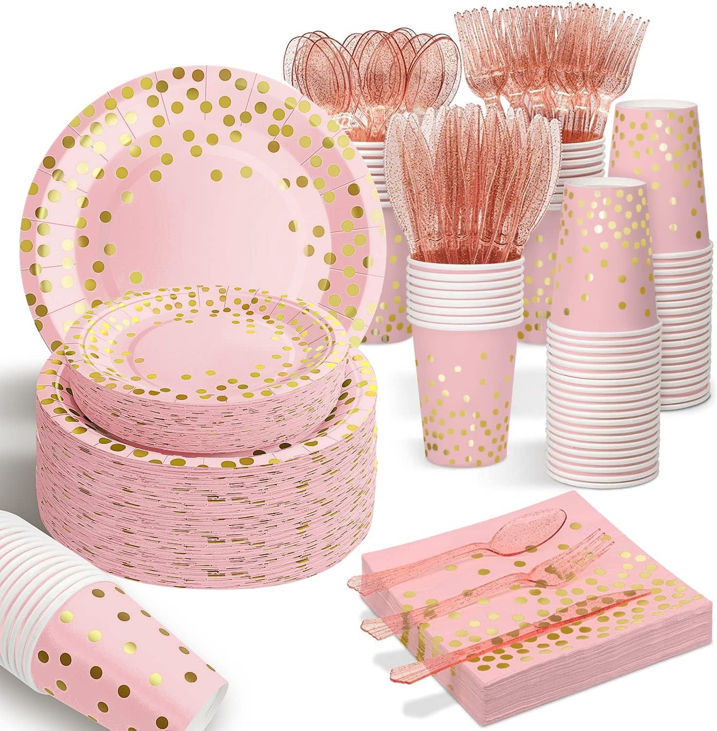 175PCS Pink Rose Gold Plates Napkins Party Supplies, Severs 25 Disposable Party Plates, Plastic Forks Knives Spoons, Golden Dot Paper Plates, Napkins Cups for Baby Shower Decorations Birthday Wedding