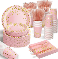 175PCS Pink Rose Gold Plates Napkins Party Supplies, Severs 25 Disposable Party Plates, Plastic Forks Knives Spoons, Golden Dot Paper Plates, Napkins Cups for Baby Shower Decorations Birthday Wedding