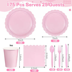 175 Pcs Pink Paper Plates and Napkins, Light Pink Party Supplies Include Scalloped Plate Napkins Cups Plastic Spoons Forks Knives for Baby Shower, Wedding, Birthday