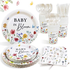 175Pcs Spring Baby in Bloom Baby Shower Decorations Plates Set, Wildflower Floral Baby Shower Paper Plates Napkins Cups and Cutlery Set for 25 Guests