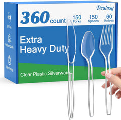 Extra Heavy Duty Clear Plastic Cutlery Set - 360 Count, Includes 150 Forks, 150 Spoons, 60 Knives, BPA-Free, Heat Resistant, Disposable Plastic Utensils