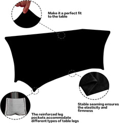 2 Pack 6FT Table Cloth for Rectangular Fitted Events Stretch Black Table Covers Washable Spandex Tablecloth Protector for Party, Wedding, Cocktail, Banquet, Festival