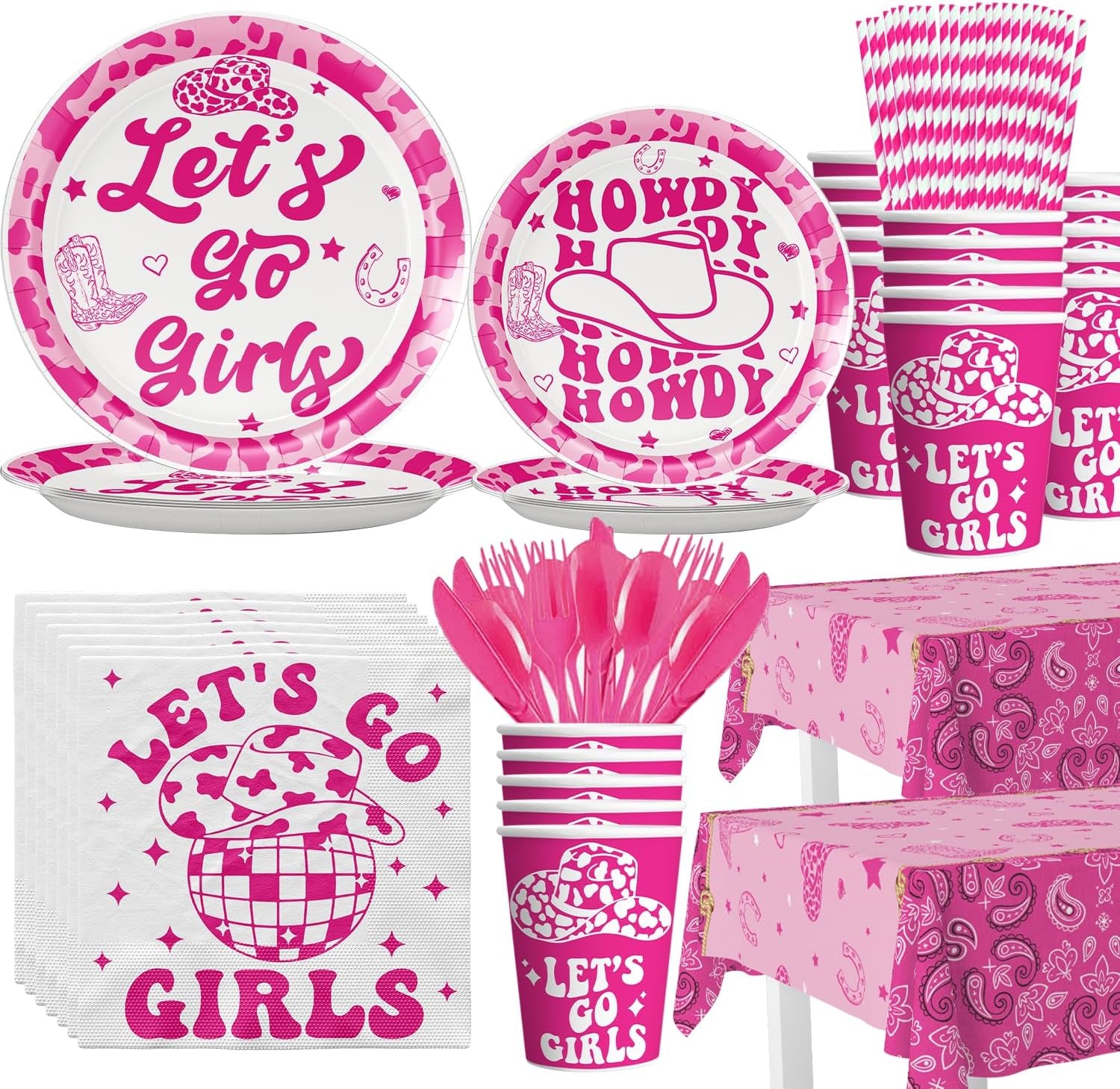 194 Pcs Cowgirl Party Decorations, Let'S Go Girls Decorations Cowgirl Theme Birthday Party Supplies Includes Cowgirl Paper Plates Napkins Cups Plastic Forks Knifes Spoons Paper Straws and Tablecloths Serve 24 Guests