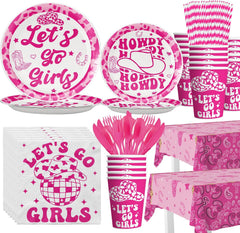 194 Pcs Cowgirl Party Decorations, Let'S Go Girls Decorations Cowgirl Theme Birthday Party Supplies Includes Cowgirl Paper Plates Napkins Cups Plastic Forks Knifes Spoons Paper Straws and Tablecloths Serve 24 Guests