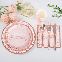 175PCS Happy Birthday Plates and Napkins Party Supplies, Paper Pink and Rose Gold Plastic Forks Knives Spoons Serve 25 Guests for Girl Women