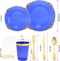 175PCS Clear Blue Plastic Plates - Gold Plastic Plates Sets Include 25Dinner Plates, 25Dessert Plates, 25Cups, 25Forks, 25Knives, 25Spoons, 25Napkins for Weddings & Father'S Day