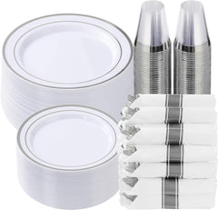 350 Piece Silver Plastic Dinnerware Set for 50 Guests, Fancy Disposable Plates for Party, Include: 50 Dinner Plates, 50 Dessert Plates, 50 Pre Rolled Napkins with Silver Silverware, 50 Cups