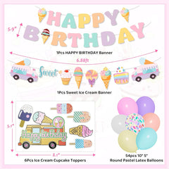 75Pcs Ice Cream Birthday Party Decorations for Girls Kids, Pastel Ice Cream Balloon Garland Arch Kit First Two Sweet Birthday Banner Foil Sprinkle Long Twist Balloons Cupcake Toppers Party Supplies