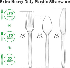 Extra Heavy Duty Clear Plastic Cutlery Set - 360 Count, Includes 150 Forks, 150 Spoons, 60 Knives, BPA-Free, Heat Resistant, Disposable Plastic Utensils