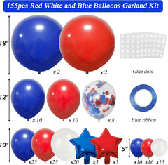 160Pcs Red White and Blue Balloons Garland Arch Kit, 4Th of July Balloons Patriotic Decorations, Birthday Wedding Nautical Patriotic Baseball Theme with Star Foil Balloons Decorations