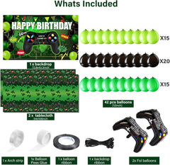 Video Game Birthday Party Decorations Set Gaming Happy Birthday Supplies Includes Video Game Backdrop, Table Covers, Balloons and Foil Gamer Balloons for Party(Green and Black)