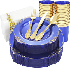175PCS Clear Blue Plastic Plates - Gold Plastic Plates Sets Include 25Dinner Plates, 25Dessert Plates, 25Cups, 25Forks, 25Knives, 25Spoons, 25Napkins for Weddings & Father'S Day
