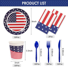 Patriotic Party Supplies,152Pcs American Flag Themed Party Set,Patriotic Party Decorations,American Flag Tablecloth,4Th of July Plates Cups,Red White and Blue Decor for Outside,Picnic,Memorial