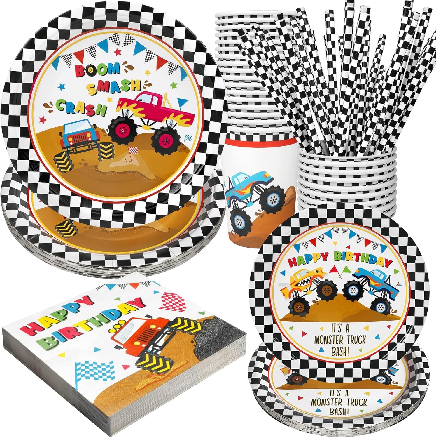 Monster Truck Party Supplies Decorations, Kids Birthday Paper Plates and Napkins Set with Cups and Straws for 24 Guests, 120 Pcs Disposable Party Dessert Dinnerwares