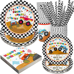 Monster Truck Party Supplies Decorations, Kids Birthday Paper Plates and Napkins Set with Cups and Straws for 24 Guests, 120 Pcs Disposable Party Dessert Dinnerwares