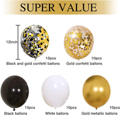 Black Gold Confetti Balloons 50 Pack - 12 Inch Gold White and Black Confetti Balloons with Ribbons for Graduation Birthday Wedding Party Decorations