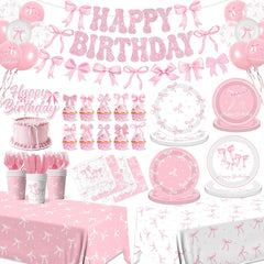 Pink Bow Birthday Party Supplies Serve 24, Coquette Birthday Decorations Include Bow Plates Napkins Cups Banner Tablecloth Cake Topper Balloons Bow Theme Tableware for Girls Bachelorette Decor