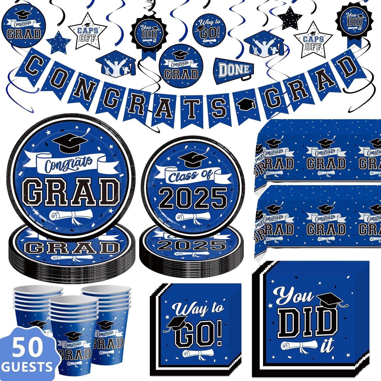 Graduation Decorations 2025 Blue, 2025 Graduation Party Decorations for 50 Guests, Disposable Tableware Set, Plates, Cups, Tablecloth with Congrats Grad Hanging Decor