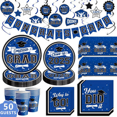 Graduation Decorations 2025 Blue, 2025 Graduation Party Decorations for 50 Guests, Disposable Tableware Set, Plates, Cups, Tablecloth with Congrats Grad Hanging Decor