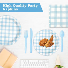 168Pcs Gingham Party Supplies for 24 Guests Thick Paper Plates and Napkins Knives Spoons Forks Cups Disposable Party Set Cutlery for Dinner Baby Shower Wedding Favor(Blue)