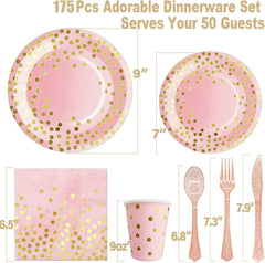 175PCS Pink Rose Gold Plates Napkins Party Supplies, Severs 25 Disposable Party Plates, Plastic Forks Knives Spoons, Golden Dot Paper Plates, Napkins Cups for Baby Shower Decorations Birthday Wedding