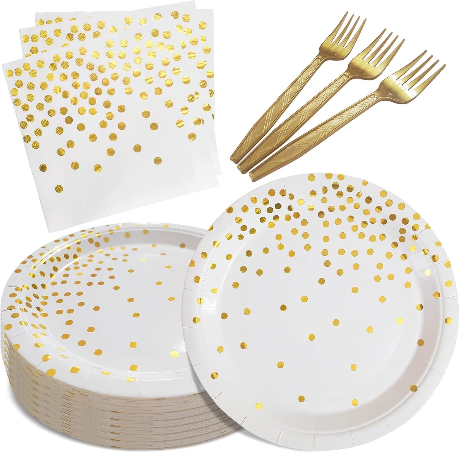 White and Gold Paper Plates Napkins Party Supplies,Disposable Gold Dot Paper Dessert Plates,105 PCS Birthday Plates and Napkins Party Supplies for Wedding(Serves 35 Guests 7")