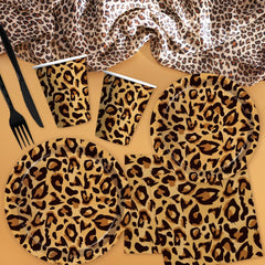 Leopard Print Party Supplies - Cheetah Print Party Decorations Tableware, Plate, Cup, Napkin, Tablecloth, Cutlery, Safari Animal Leopard Theme Birthday Baby Shower Party Supplies | Serve 24