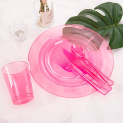 25 Guest Pink Plates with Pink Plastic Silverware&Pink Cups-Neon Clear Disposable Dinnerware Include 50 Plates,25Forks, 25 Knives, 25 Spoons,25 Plastic Cups for Party and Baby Shower
