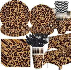 Leopard Print Party Supplies - Cheetah Print Party Decorations Tableware, Plate, Cup, Napkin, Tablecloth, Cutlery, Safari Animal Leopard Theme Birthday Baby Shower Party Supplies | Serve 24