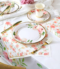 Floral Paper Plates and Napkins Party Supplies - Serves 16 - Flower Plates Floral Cups Knifes Forks Baby Shower Decorations for Girl Pink and Gold Bridal Shower Tea Party Birthday