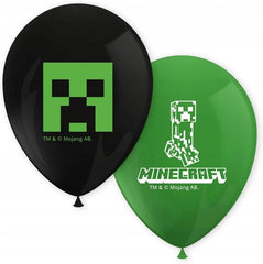 Minecraft Pack of 8 Party Balloons Diameter 21 Cm, Printed, Green, Black, Latex Balloons, Birthday, Decoration