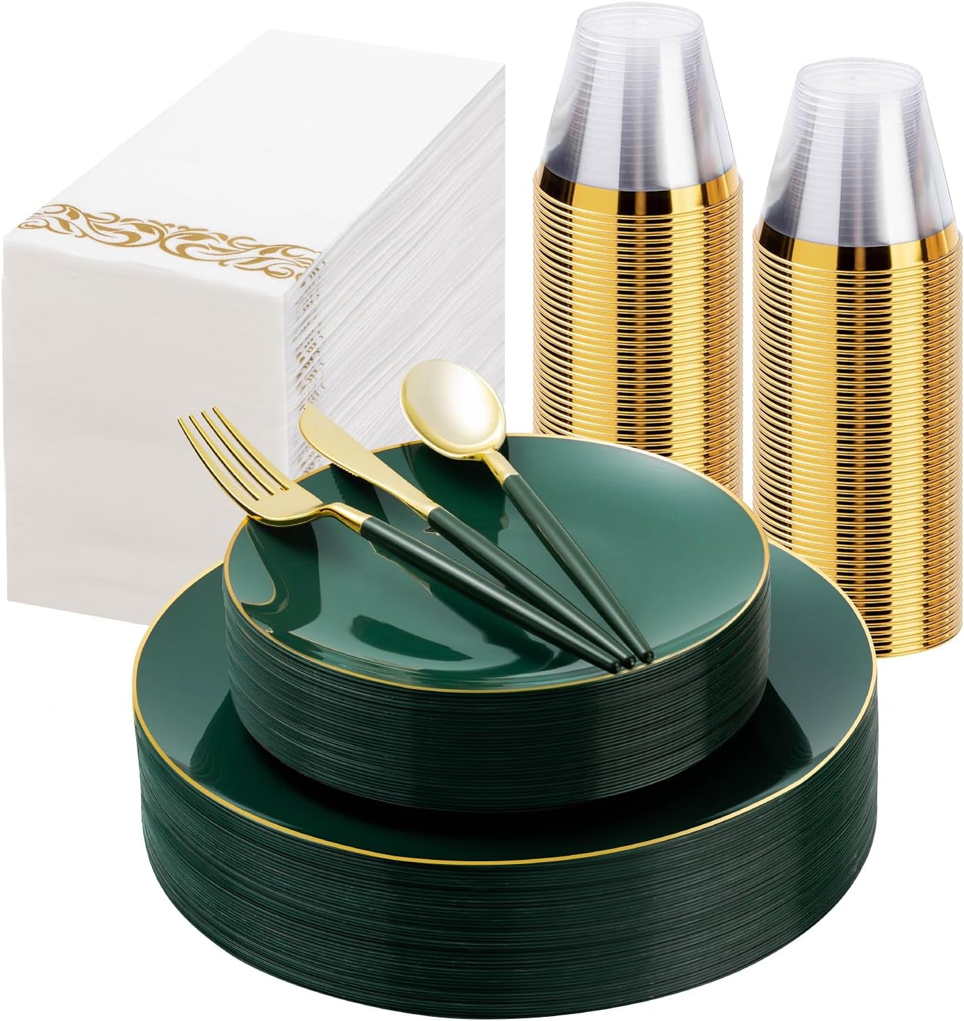 175 Pieces Green Gold Plastic Dinnerware Set, Gold Disposable Plates for Party, Include 50 Green Plates with 75 Plastic Cutlery, 25 Napkins and 25 Cups