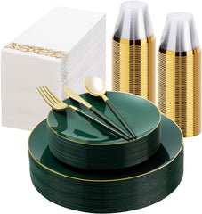 175 Pieces Green Gold Plastic Dinnerware Set, Gold Disposable Plates for Party, Include 50 Green Plates with 75 Plastic Cutlery, 25 Napkins and 25 Cups
