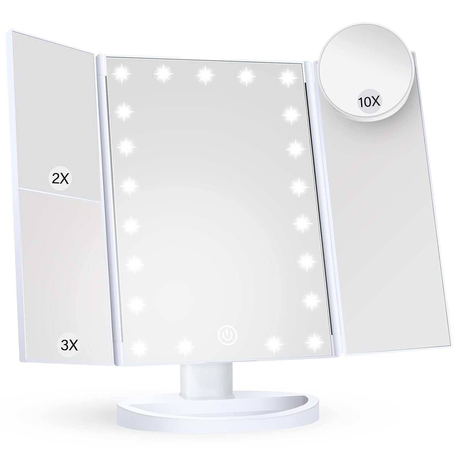 Makeup Mirror Vanity Mirror with Lights, 2X, 3X, 10X Magnification, Touch Control, Trifold, White, 9.4"L X 13.4"W, Modern Style, Dresser Mount, Bathroom