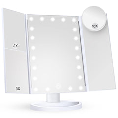 Makeup Mirror Vanity Mirror with Lights, 2X, 3X, 10X Magnification, Touch Control, Trifold, White, 9.4"L X 13.4"W, Modern Style, Dresser Mount, Bathroom